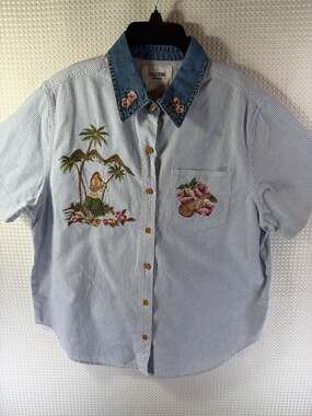 Solutions Original Hula Dancer & Hibiscus Embroidered Striped Button-Up Shirt